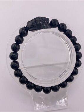 Genuine Black Jade Pixiu Bracelet - Natural Midnight Black Beads & Carved Wealth